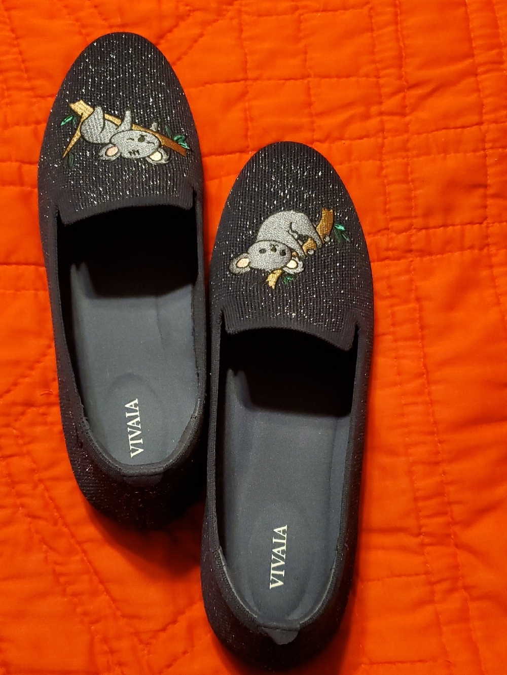 VIVAIA Dark Navy Glitter Slip-On Flats with Koala Embroidery